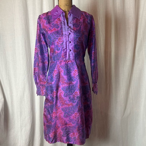 Vintage Dresses & Skirts - Vintage Jarin Thai Silk President Hotel Midi Dress Purple Blue Print Sz Small 8